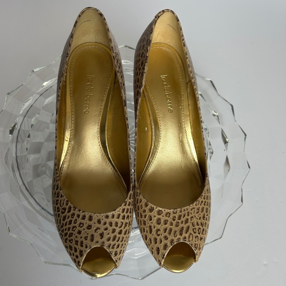 Liz Claiborne Leather Upper Peep Toe Heels Stiletto Brown Animal Print Size 7.5M